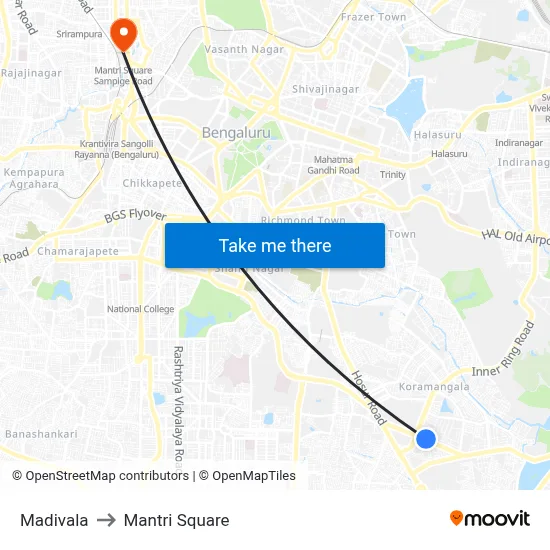 Madivala to Mantri Square map