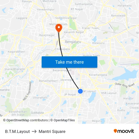 B.T.M.Layout to Mantri Square map