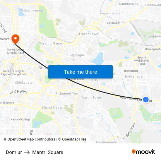 Domlur to Mantri Square map
