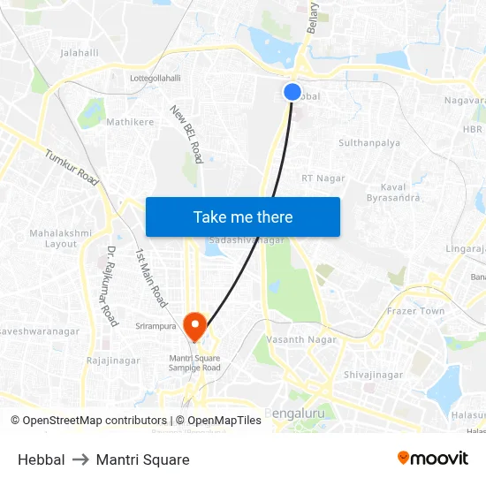 Hebbal to Mantri Square map