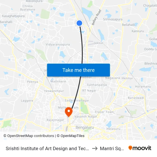 Srishti Institute of Art Design and Technology to Mantri Square map