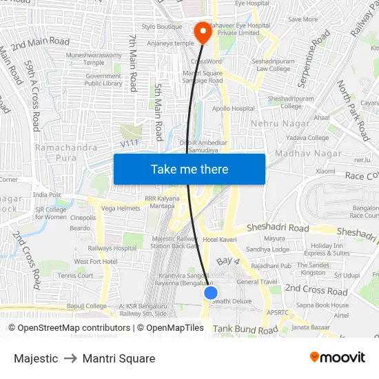 Majestic to Mantri Square map