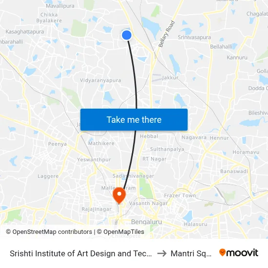 Srishti Institute of Art Design and Technology to Mantri Square map