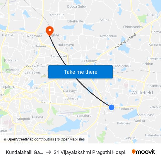 Kundalahalli Gate to Sri Vijayalakshmi Pragathi Hospital map