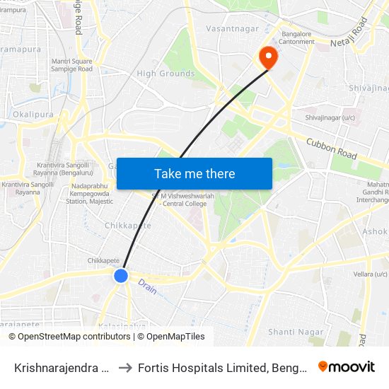 Krishnarajendra Market to Fortis Hospitals Limited, Bengaluru Urban map