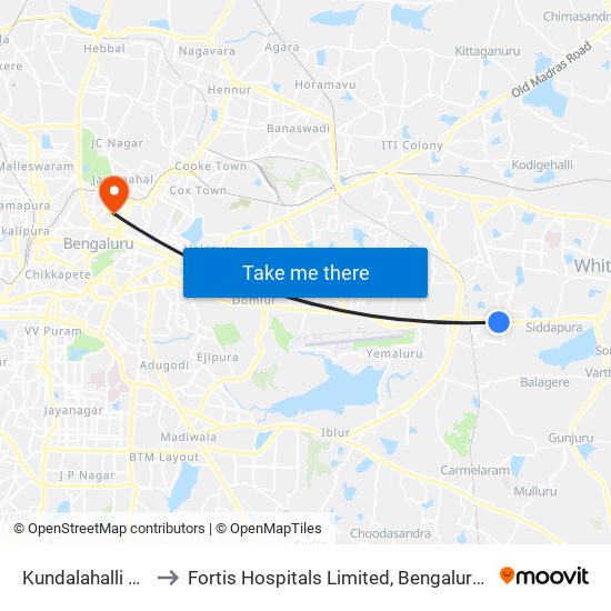 Kundalahalli Gate to Fortis Hospitals Limited, Bengaluru Urban map