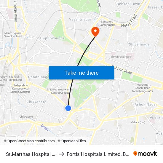 St.Marthas Hospital Corporation to Fortis Hospitals Limited, Bengaluru Urban map
