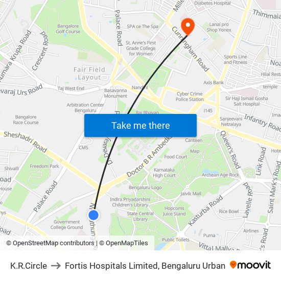 K.R.Circle to Fortis Hospitals Limited, Bengaluru Urban map