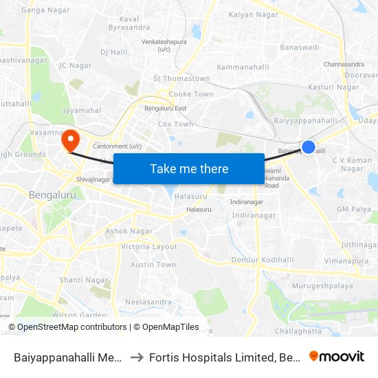 Baiyappanahalli Metro Station to Fortis Hospitals Limited, Bengaluru Urban map
