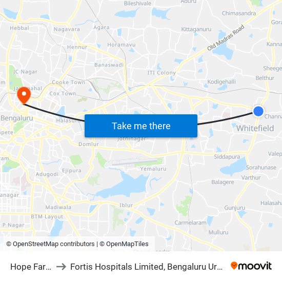 Hope Farm to Fortis Hospitals Limited, Bengaluru Urban map