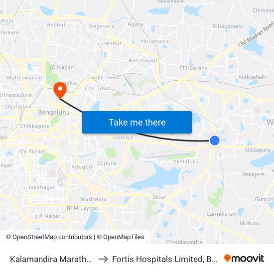 Kalamandira  Marathahalli Bridge to Fortis Hospitals Limited, Bengaluru Urban map