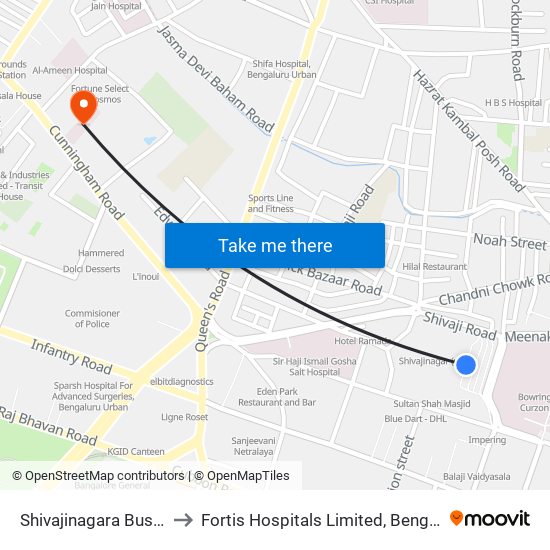 Shivajinagara Bus Station to Fortis Hospitals Limited, Bengaluru Urban map