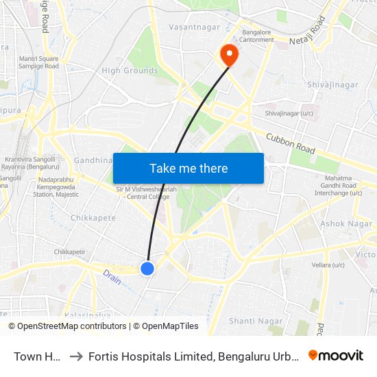 Town Hall to Fortis Hospitals Limited, Bengaluru Urban map