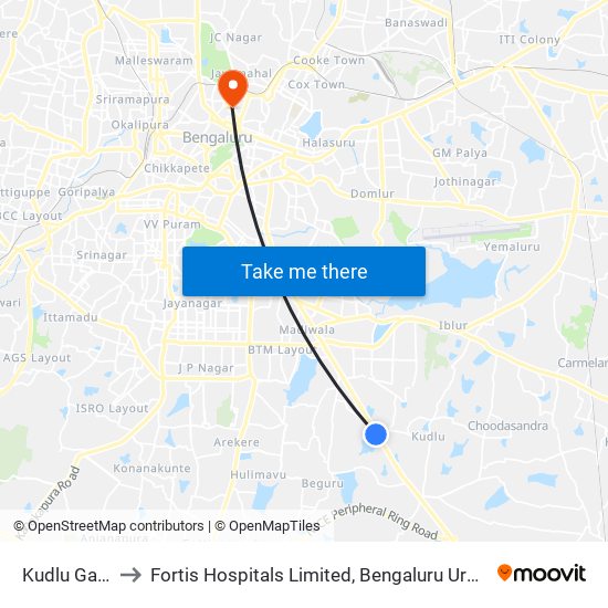 Kudlu Gate to Fortis Hospitals Limited, Bengaluru Urban map