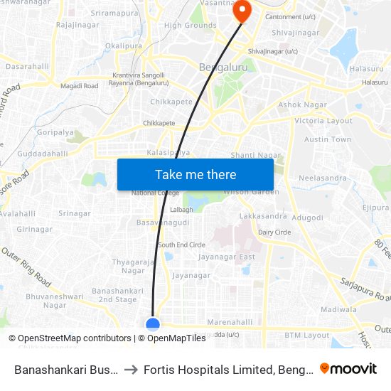 Banashankari Bus Station to Fortis Hospitals Limited, Bengaluru Urban map