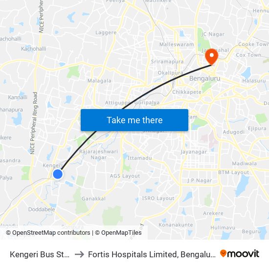 Kengeri Bus Station to Fortis Hospitals Limited, Bengaluru Urban map