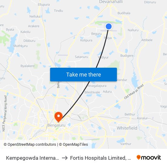Kempegowda International Airport to Fortis Hospitals Limited, Bengaluru Urban map