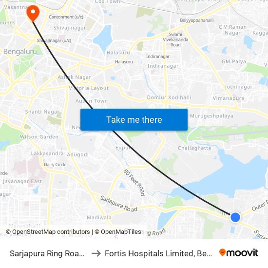 Sarjapura Ring Road Junction to Fortis Hospitals Limited, Bengaluru Urban map