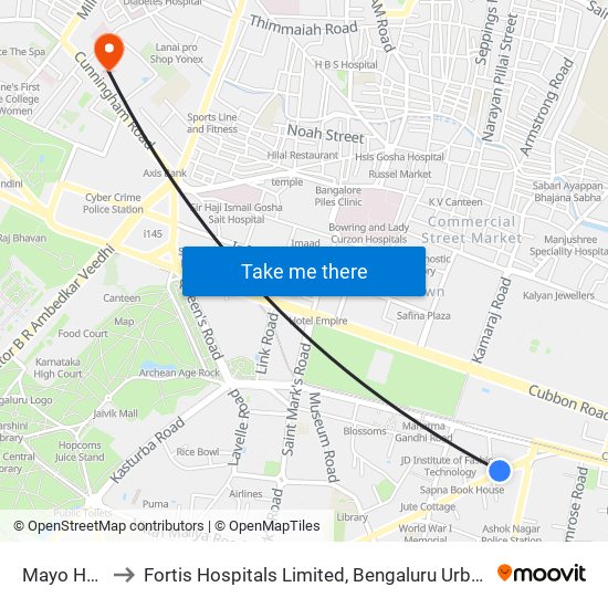 Mayo Hall to Fortis Hospitals Limited, Bengaluru Urban map