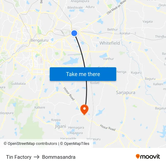 Tin Factory to Bommasandra map