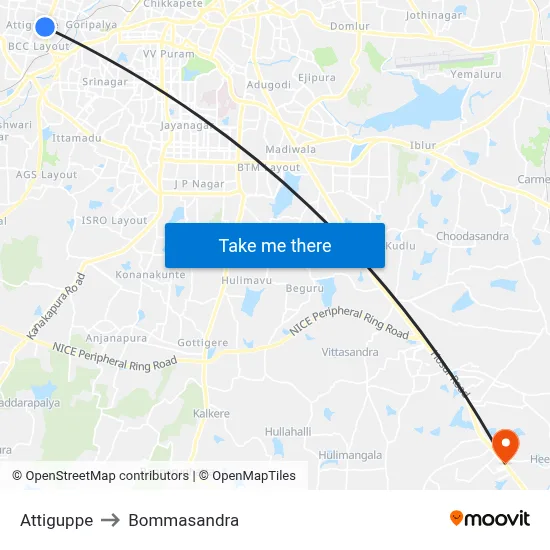 Attiguppe to Bommasandra map