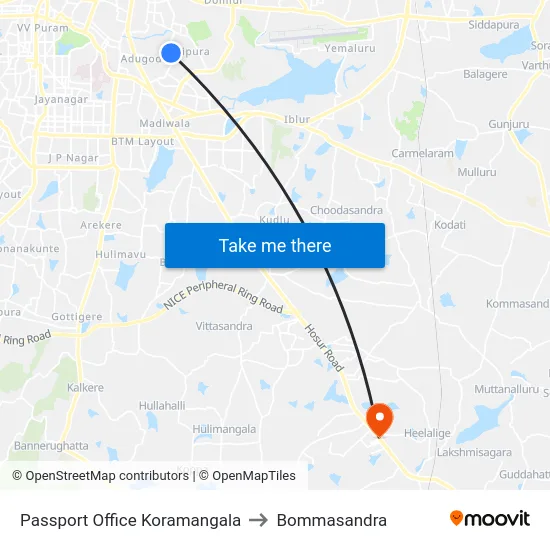 Passport Office Koramangala to Bommasandra map
