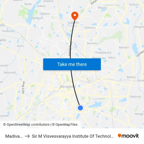 मडिवाला to सर एम विश्वेश्वरैया इंस्टीट्यूट ऑफ टेक्नोलॉजी map