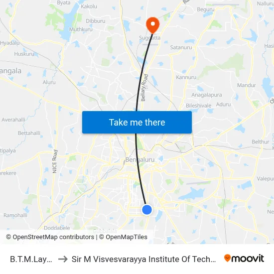 बी.टी.एम. लेआउट to सर एम विश्वेश्वरैया इंस्टीट्यूट ऑफ टेक्नोलॉजी map