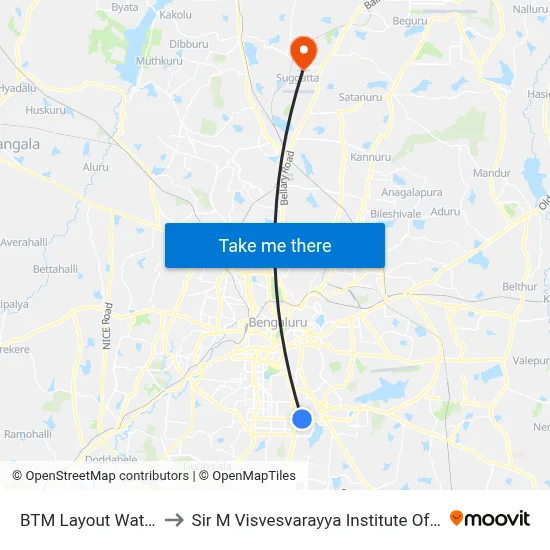 BTM Layout Water Tank to Sir M Visvesvarayya Institute Of Technology map