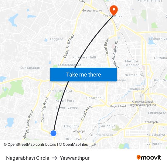 Nagarabhavi Circle to Yeswanthpur map