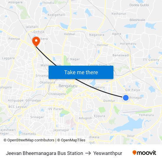 Jeevan Bheemanagara Bus Station to Yeswanthpur map