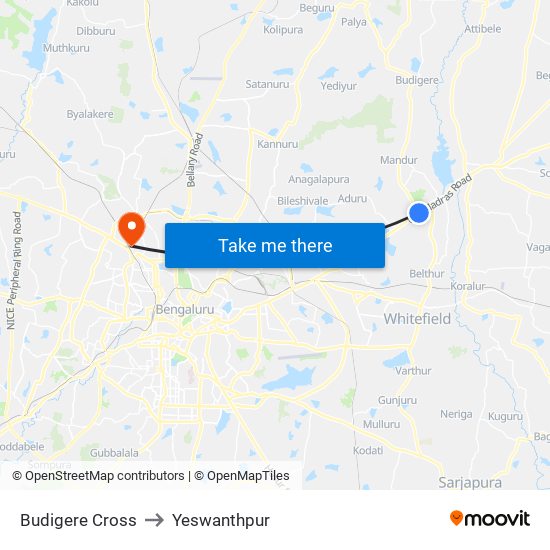 Budigere Cross to Yeswanthpur map