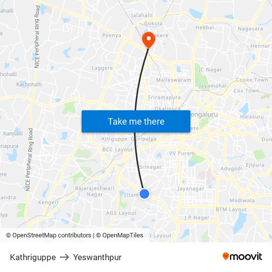Kathriguppe to Yeswanthpur map