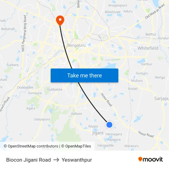 Biocon Jigani Road to Yeswanthpur map