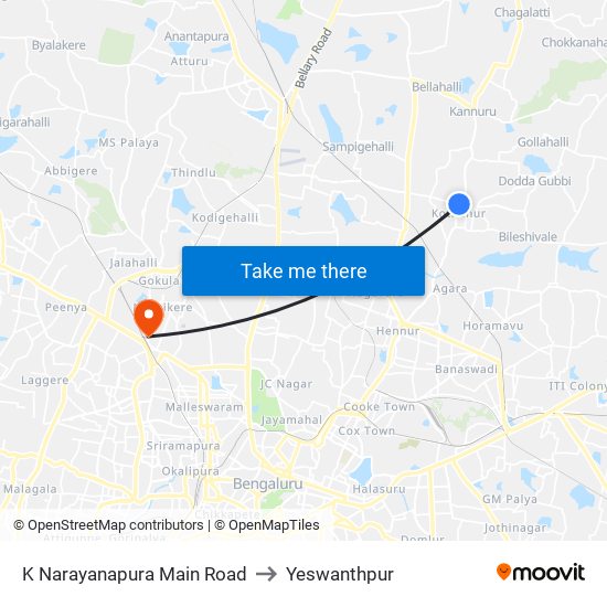 K Narayanapura Main Road to Yeswanthpur map