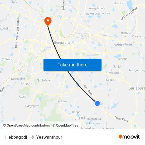 Hebbagodi to Yeswanthpur map