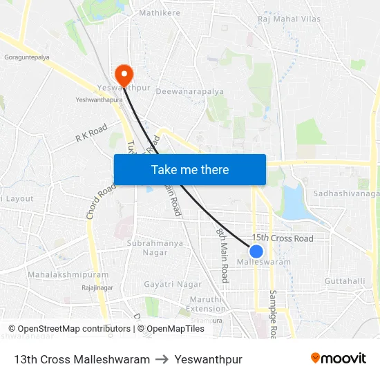 13th Cross Malleshwaram to Yeswanthpur map