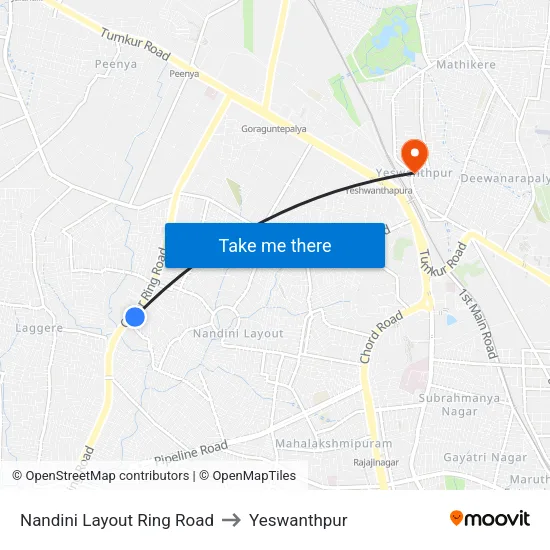 Nandini Layout Ring Road to Yeswanthpur map