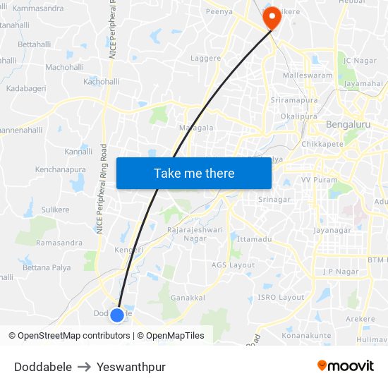 Doddabele to Yeswanthpur map