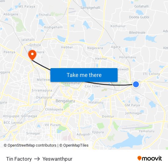 Tin Factory to Yeswanthpur map