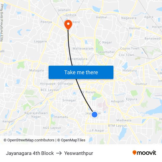 Jayanagara 4th Block to Yeswanthpur map