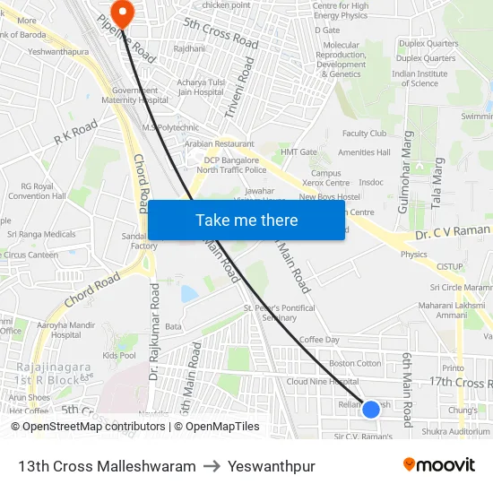 13th Cross Malleshwaram to Yeswanthpur map