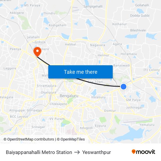 Baiyappanahalli Metro Station to Yeswanthpur map