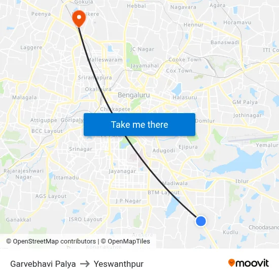 Garvebhavi Palya to Yeswanthpur map