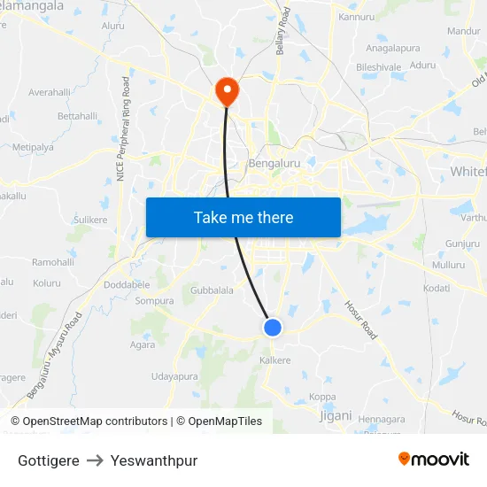 Gottigere to Yeswanthpur map