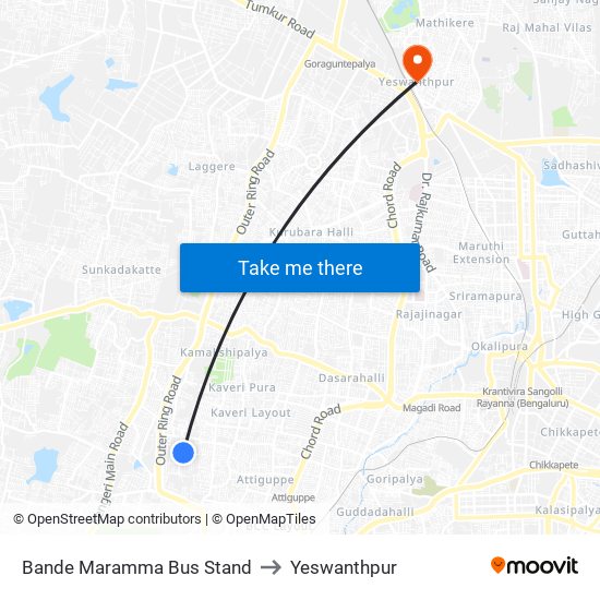 Bande Maramma Bus Stand to Yeswanthpur map