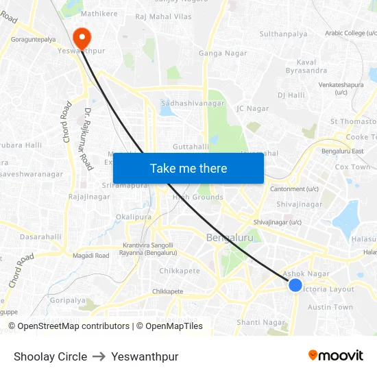 Shoolay Circle to Yeswanthpur map