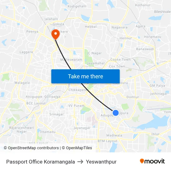 Passport Office Koramangala to Yeswanthpur map