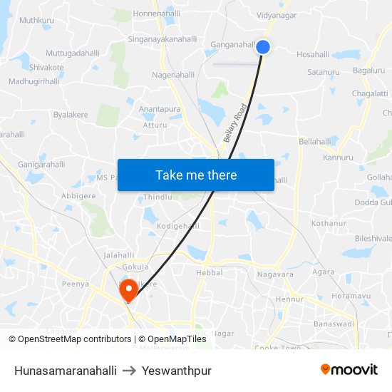 Hunasamaranahalli to Yeswanthpur map