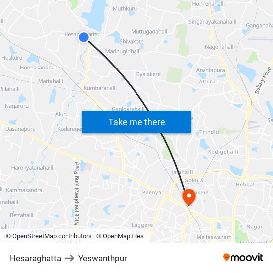 Hesaraghatta to Yeswanthpur map